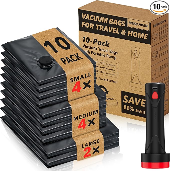MEIQIHOME 10 Pack PackEase Travel Vacuum Bags 1500mAh Wireless Pump, 80% by MEIQIHOME