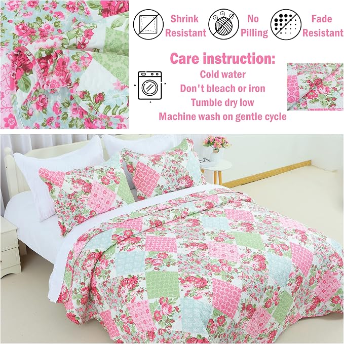 Cmfshape Summer Floral King Quilted Bedspread, Romantic Pink Quilt Set - Image 6