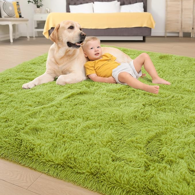 Fluffy Grass Green Rugs for Living Room Bedroom, 5x8 Soft Area Rug Moss Green - Image 4