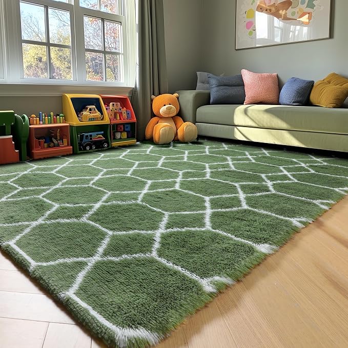 6x9 Area Rugs for Living Room Bedroom, Large Fluffy Olive Green and White Throw - Image 8