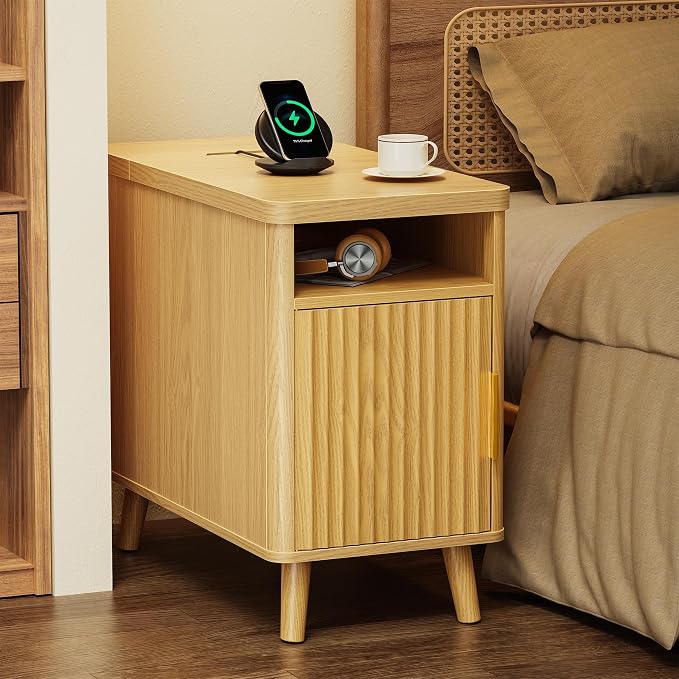Huuger Narrow End Table with Charging Station, USB-C Port | Fluted Nightstand by Huuger