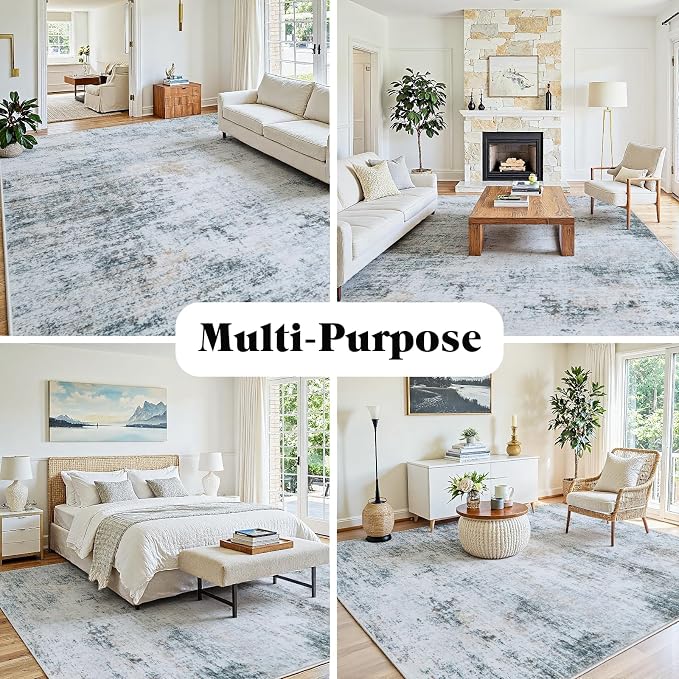 10x14 Washable Area Rug for Living Room Bedroom: Non-Slip Modern Blue Grey | - Image 3