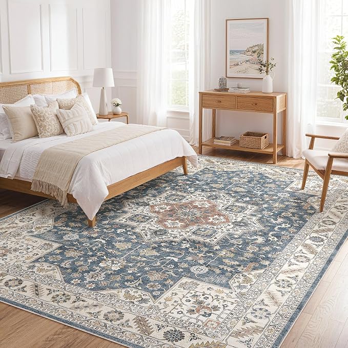 cotiled 9x12 Area Rug for Living Room, Traditional, Vintage Blue | Soft - Image 9