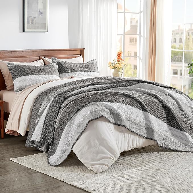 Oversized King Quilt Set, Dark Grey Stripe Bedspread, 3 Pieces | 120x98 Inch - Image 6