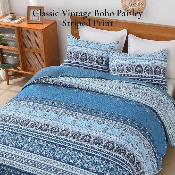 Blue King Size Quilt Set, 3 Pieces Boho Striped Bedspread | Soft Lightweight - Image 3