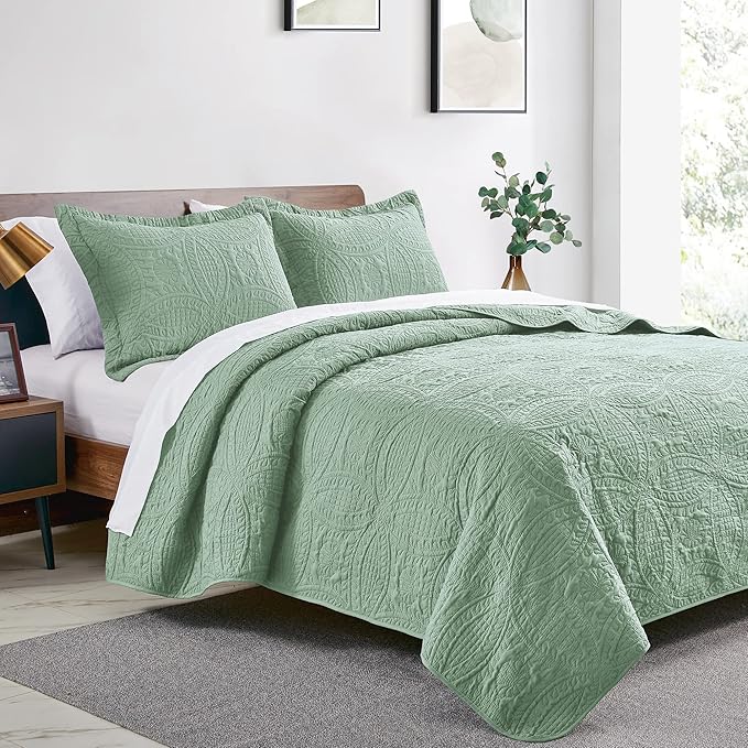 Love's cabin California King Size Quilt Bedding Set Sage Bedspreads - Image 2