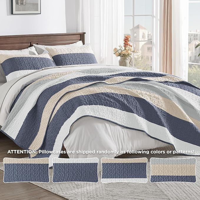 Queen Quilt Set Yellow Blue, 3 Pieces Striped Bedspread | Ultra Soft Summer - Image 6