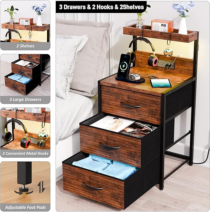 SZLHANJZ Nightstands Set of 2, LED Light and Charging Station, 3 Drawers | - Image 5