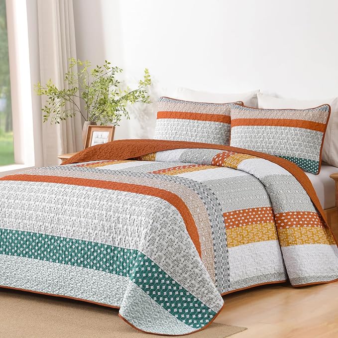 WONGS BEDDING Stripe Quilt Set 3 Pieces Bohemian Stripe Bedspread Sets by WONGSBEDDING