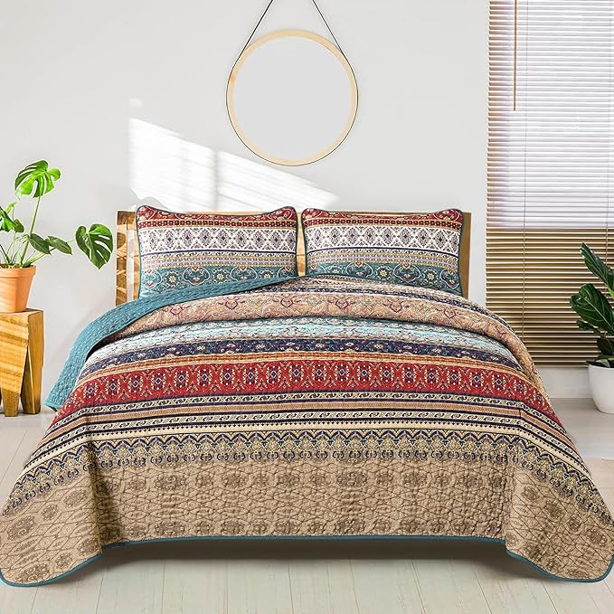 WONGS BEDDING Boho King Quilt Bedding Set, 3 Pieces Bedspread, Breathable by WONGSBEDDING