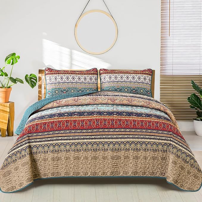 WONGS BEDDING Boho Full Quilt Set, 3 Pieces Green Brown Bohemian Full Size by WONGSBEDDING