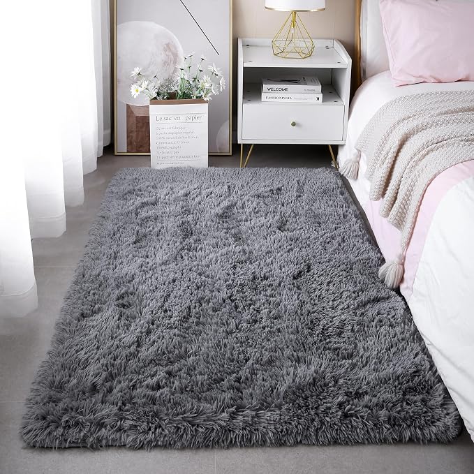 3x5 Grey Fluffy Shag Rug for Bedroom, Plush Washable Carpet | Area Rug for by KICHOWUA