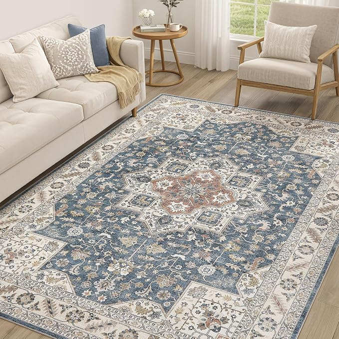 cotiled 7x9 Area Rug for Living Room, Traditional, Vintage Blue | Soft by COTILED