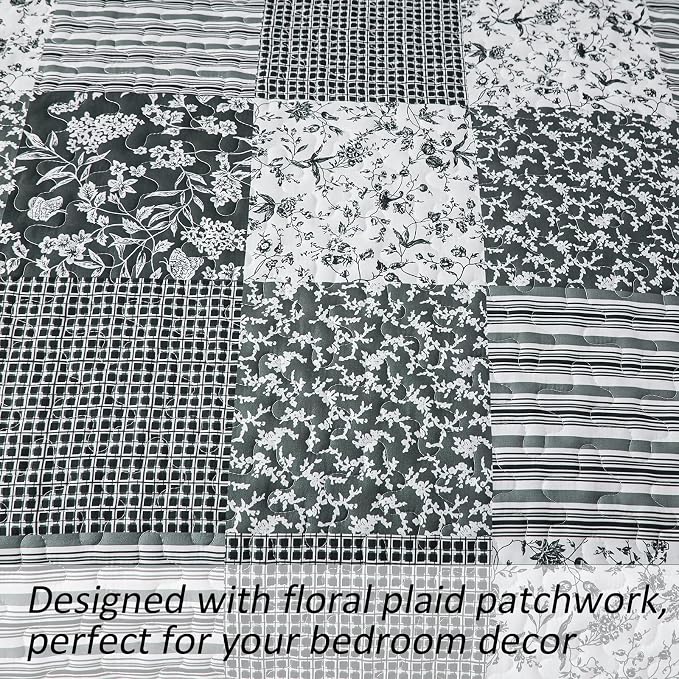 Mybedsoul Black Grey Boho Quilt Set Full Size, 3 Pieces Plaid Floral Bedspread - Image 4