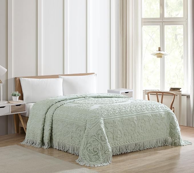 Beatrice Home Fashions Medallion Full Cotton Chenille Bedspread, Sage | Vintage - Image 2
