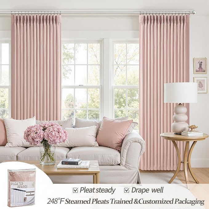 Blush Pink Double Layer Linen Pinch Pleated Curtains 90 Inches Long - Image 6