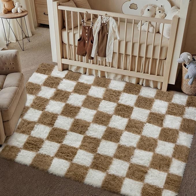 Brown Area Rug 4x6 for Kids Room Soft Checkered Shag Carpet | Machine Washable - Image 5