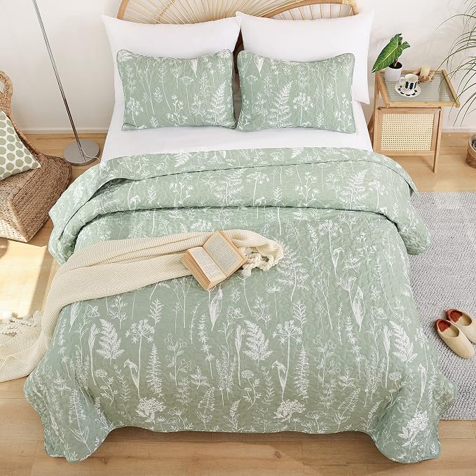 JANZAA Quilt King Size, Sage Green Quilt Floral Bedspread 3 Pcs Bedding Set | - Image 9