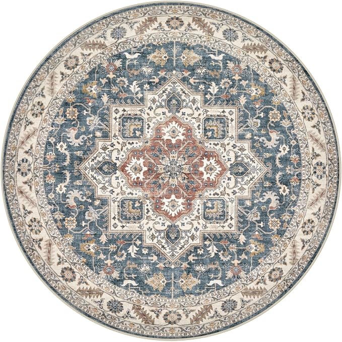 cotiled 8ft Round Living Room Area Rug, Traditional, Vintage Blue | Soft - Image 7