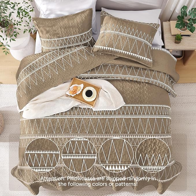 Taupe King Size Quilt Set, 3 Pieces Boho Striped Bedspread | Soft Lightweight - Image 3