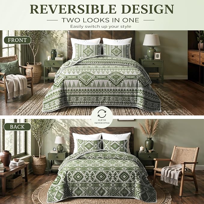 akkialla Reversible Green Boho Queen Quilt Set, 2-Piece Bohemian Aztec - Image 3