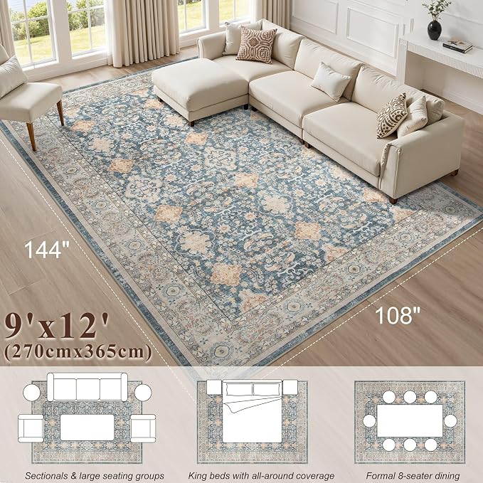 cotiled 9x12 Area Rug for Living Room, Traditional, Dark Blue | Soft Distressed - Image 9