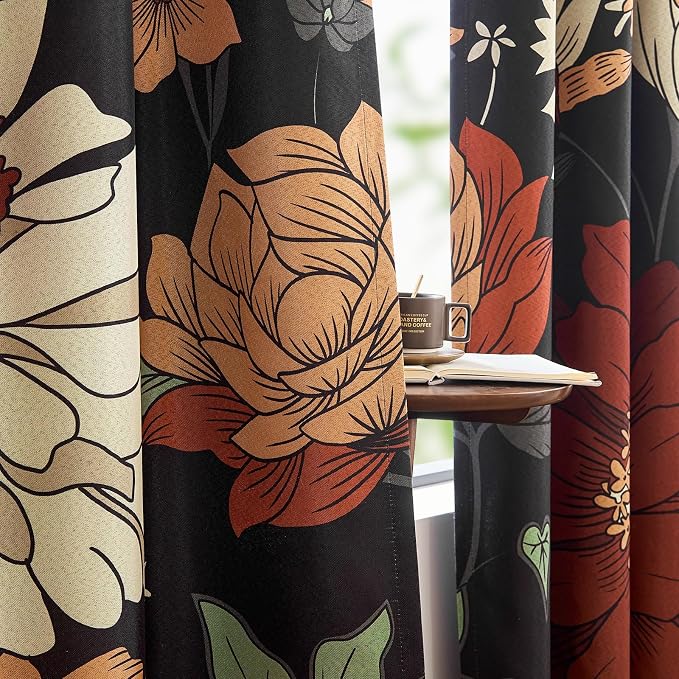 jinchan Black Boho Floral Blackout Curtains W100xL84 Grommet 1 Panel | Room - Image 7