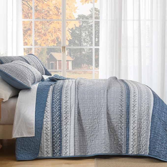 Cottolester Mineral Blue Queen Quilt Set, Boho Striped Bedspread Coverlet | - Image 5
