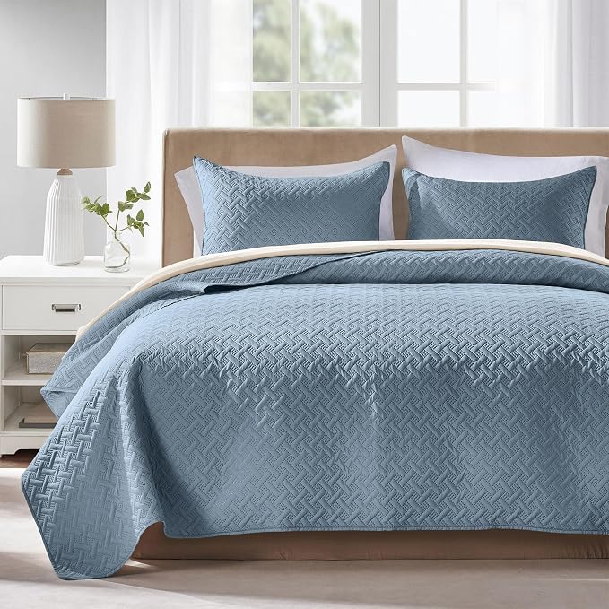 FLYMME Twin Quilt Set, Lightweight Dusty Blue Bedspreads, Basket Weave Pattern by FLYMME