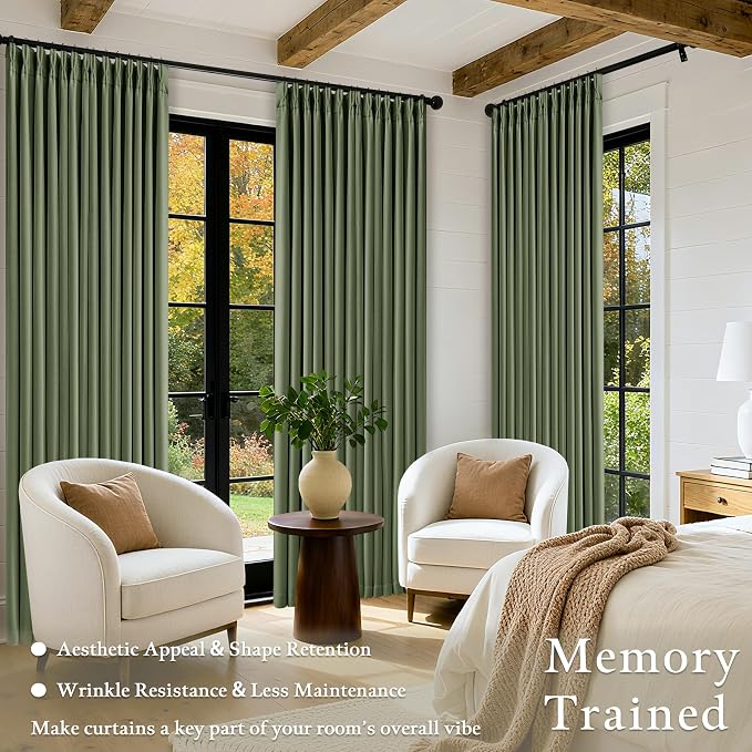 120 Inch Olive Green Linen Pinch Pleated Blackout Curtains Double Layer | 100% - Image 4