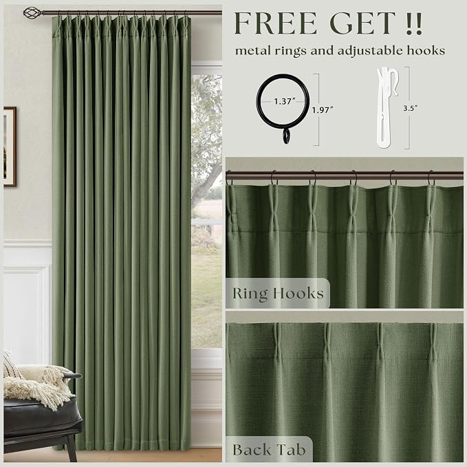 96 Inch Olive Green Linen Pinch Pleated Blackout Curtains - Image 5