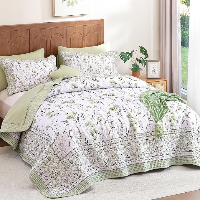 WONGS BEDDING Floral Quilts Set Queen, Sage Green Bedspread Coverlet Set | - Image 2