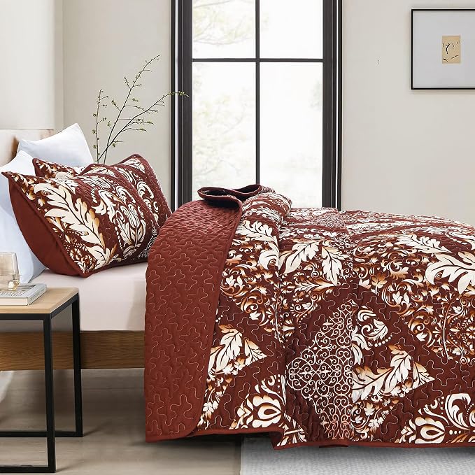 DJY Damask Quilt King Size, Boho Lightweight Bedding Set 3 Pcs, Burgundy | - Image 3