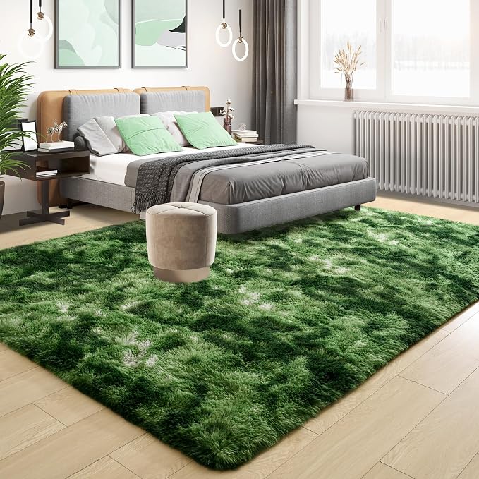 Fluffy Dark Green Rugs for Living Room Bedroom, 8x10 Soft Area Rug Tie-Dyed - Image 2