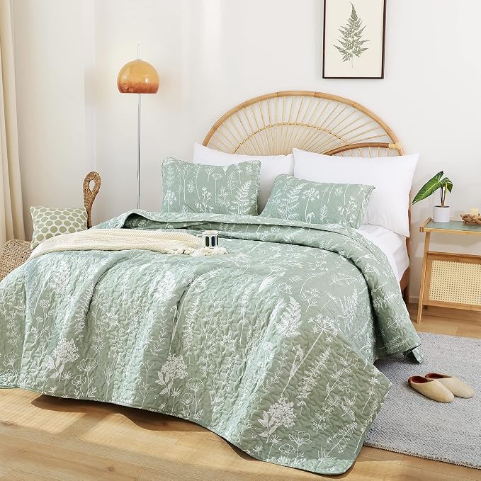 JANZAA Quilt King Size, Sage Green Quilt Floral Bedspread 3 Pcs Bedding Set | - Image 8