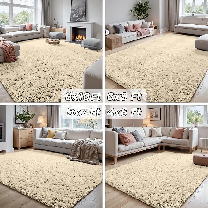 2x6 Fluffy Shag Area Rugs for Living Room Bedroom: Soft Plush Carpet Beige | - Image 7