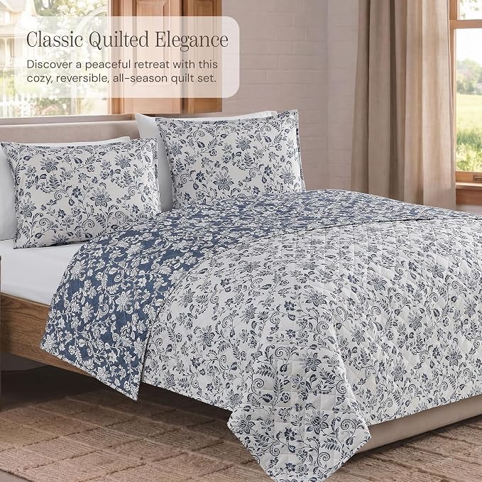 California King Quilt Set-3 Pieces Soft Bedding Floral Reversible Coverlet | - Image 7