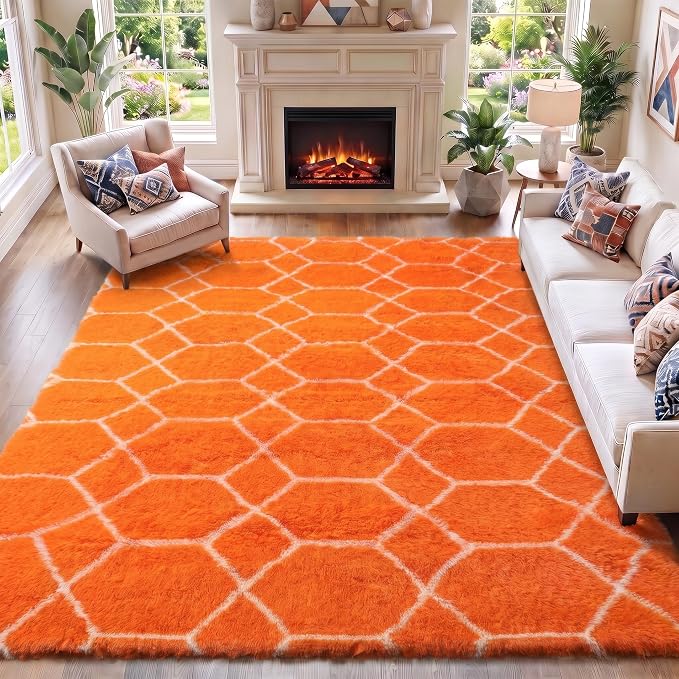 Rugs for Living Room Bedroom, 5x8 Fluffy Orange and White Area Rug, Geometric by ONASAR