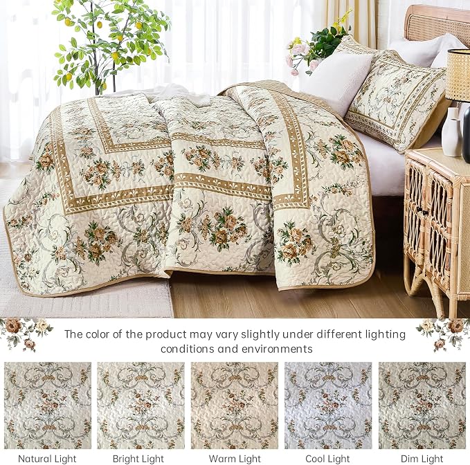 Anibedding Floral Quilt Set Queen, Retro Brown Flower Quilts 3PCs Bedspread | - Image 4
