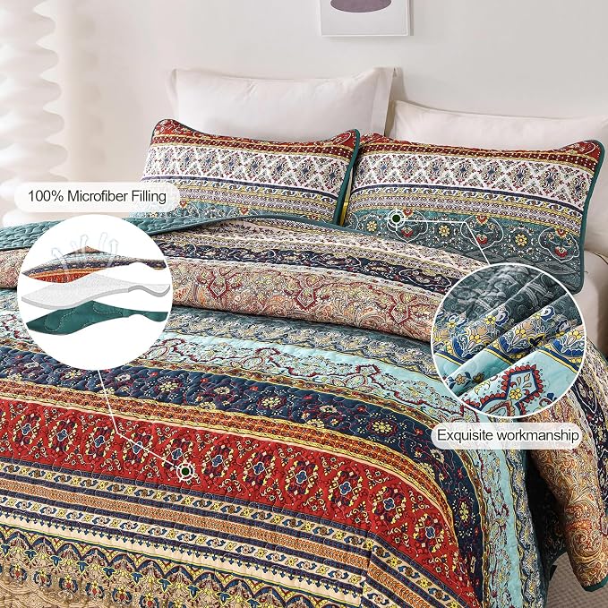 WONGS BEDDING Boho Full Quilt Set, 3 Pieces Green Brown Bohemian Full Size - Image 5