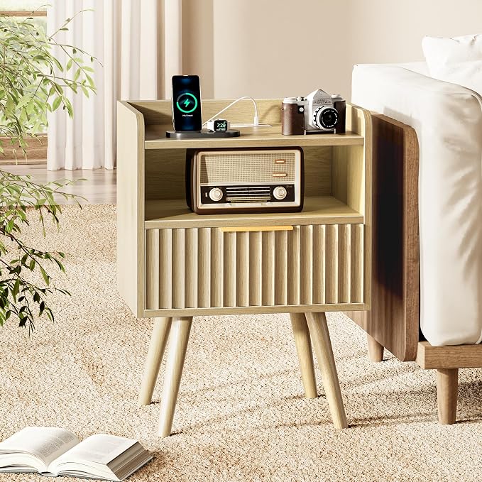Huuger Nightstand with Charging Station, USB-C Port, End Table | Fluted Night - Image 4
