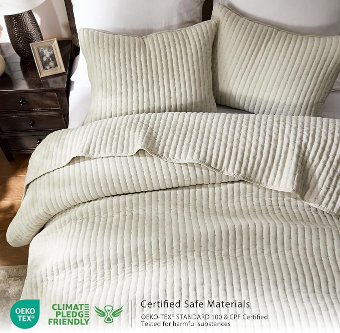 WDCOZY Beige Cross Stitch King Size Quilt Set, Netural Striped Lightweight Soft - Image 2
