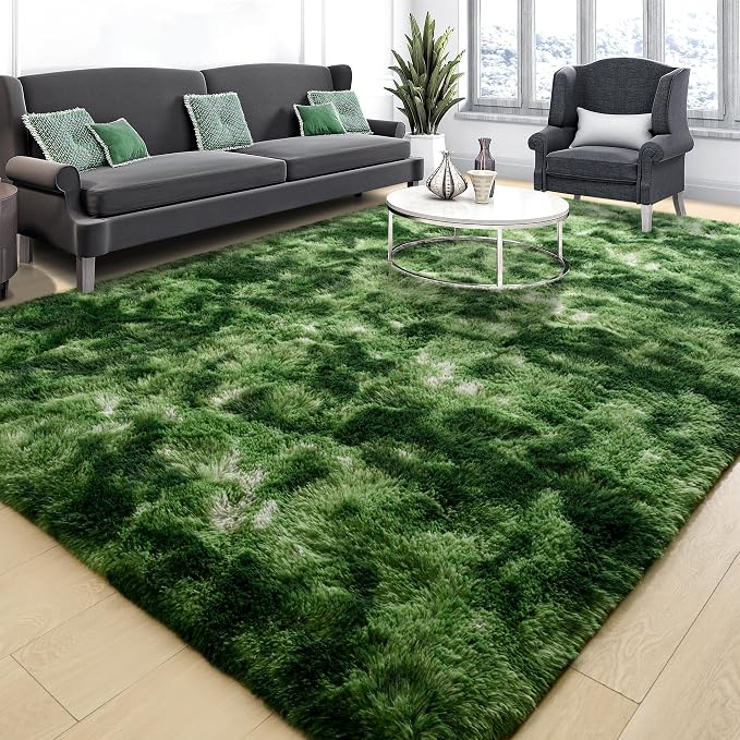 Fluffy Dark Green Rugs for Living Room Bedroom, 8x10 Soft Area Rug Tie-Dyed - Image 3