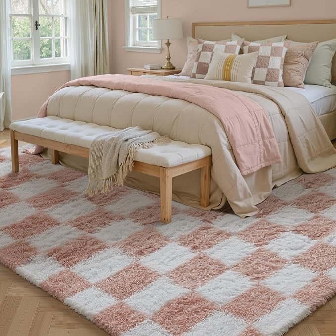 Pink Area Rug 5x8 for Bedroom Soft Fluffy Checkered Shag Carpet | Machine - Image 3