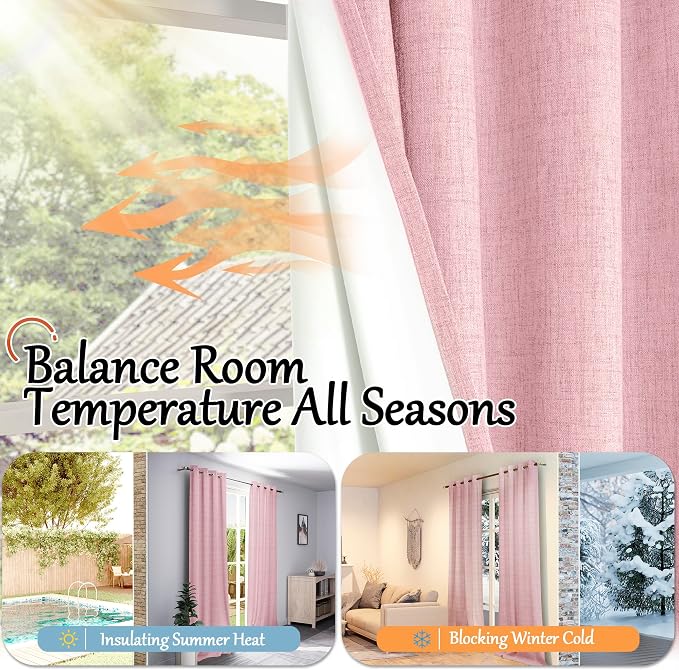 Baby Pink Linen Blackout Curtains 63" Long Each 60 Wide 2 Panels | Thermal - Image 6