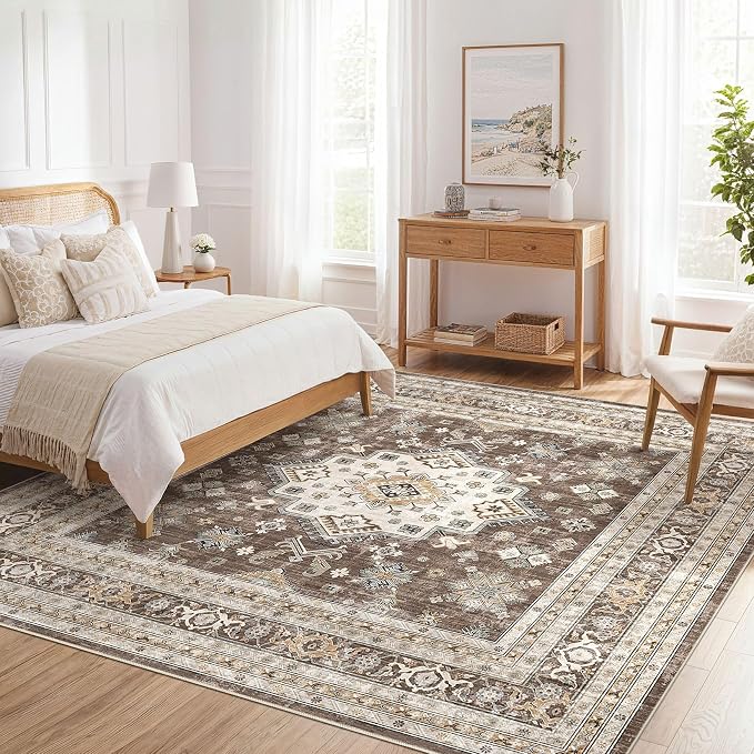cotiled 9x9 Area Rug for Living Room, Traditional, Dark Brown | Soft Distressed - Image 7