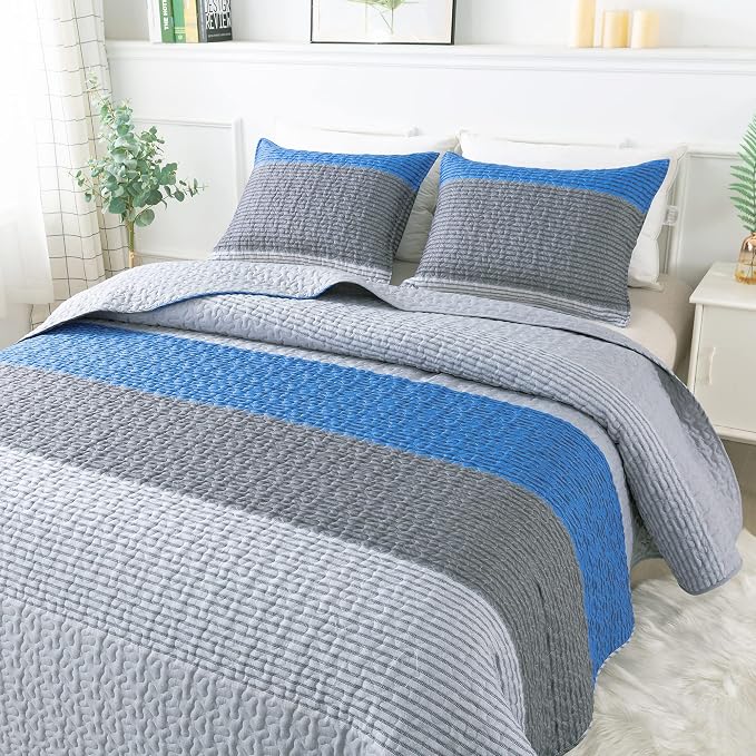 California King Quilt Set Gray Blue, 3 Pieces Bedspreads | Ultra Soft by Andency