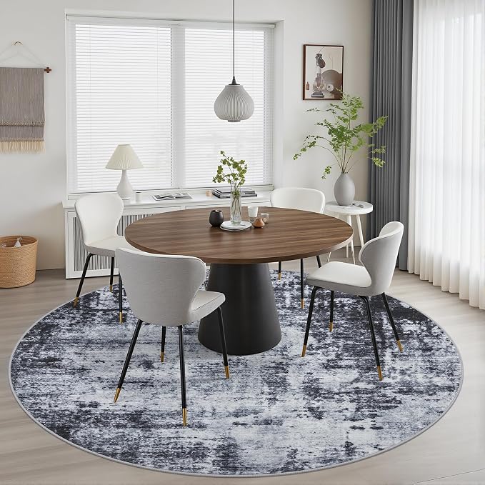 Round Area Rug Living Room: 6 ft Modern Washable Carpet Dark | - Image 3