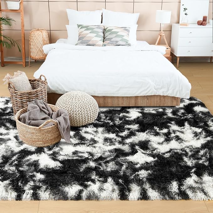 5x7 Tie-Dyed Black and White Fluffy Area Rug Non-Slip - Image 4