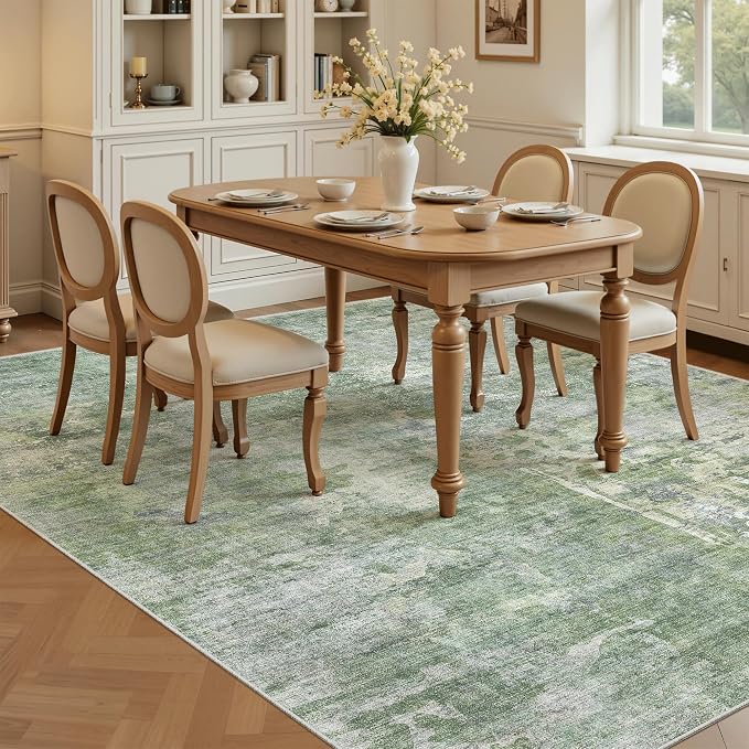 Soalmost Abstract 7x9 Area Rug for Living Room Washable Rugs Green/Ivory | - Image 3